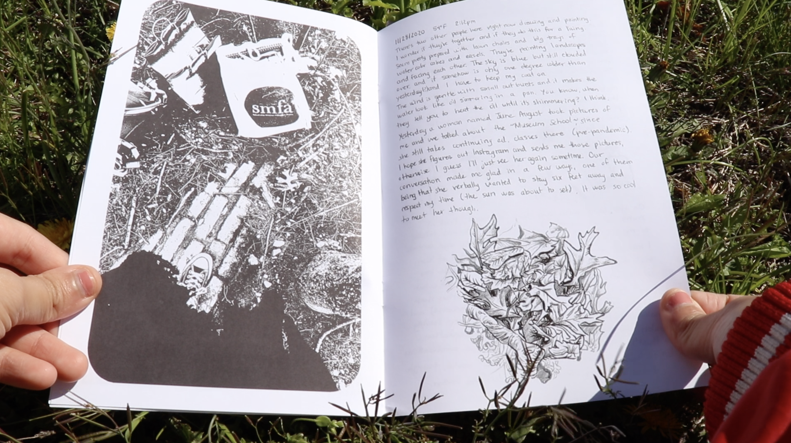 Two hands hold 'Articulations' open to a spread with a high-contrast photo, a hand-written journal entry, and an ink drawing of a leaf pile