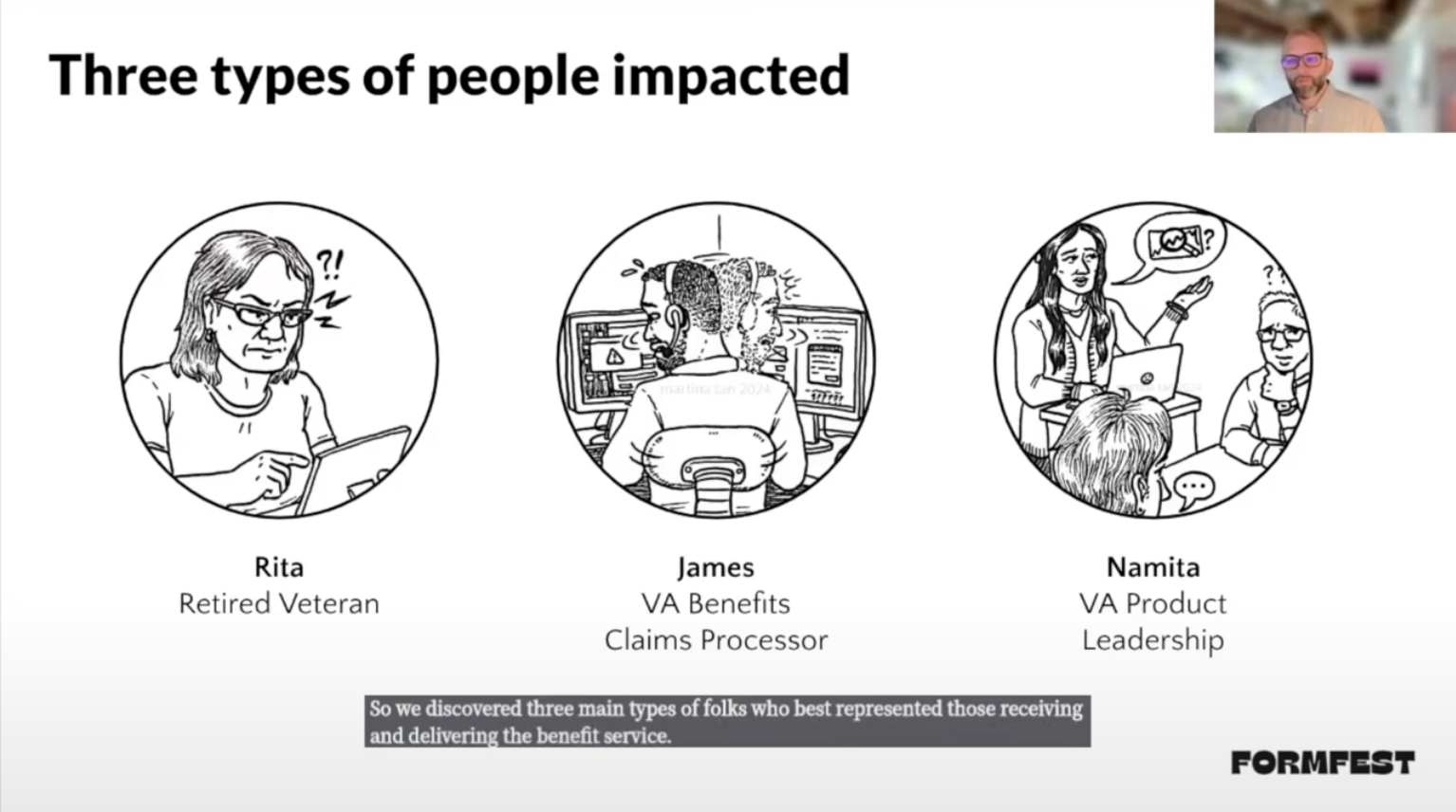 Slide titled 'Three types of people impacted' shows hand-drawn illustrations of three personas representing a Tired Veteran, VA Benefits Claims Processor, and VA Product Leadership