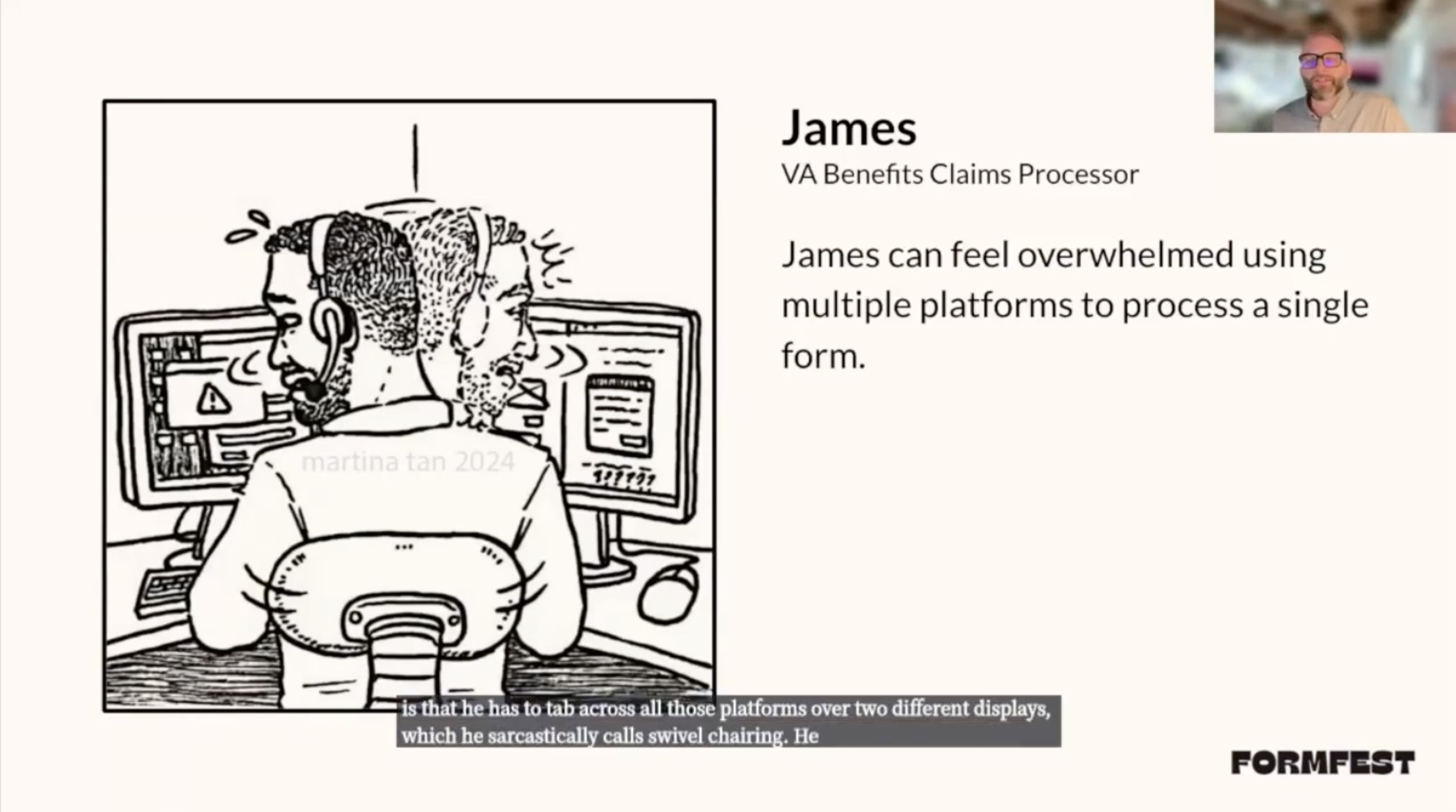 Slide titled 'James - VA Benefits Claims Processor' shows illustrations of a Black man in an office chair frantically looking between two monitors with error messages