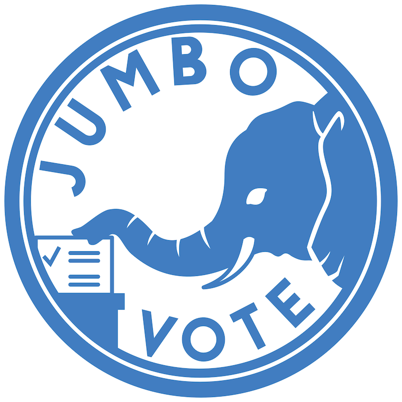 Blue and white JumboVote logo, depicting an elephant dropping a ballot into a ballot box