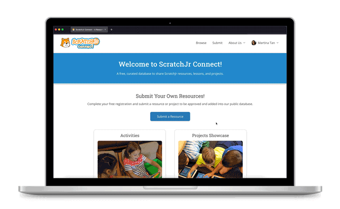 A cursor clicks through the Home page and Browse page of ScratchJr Connect, filtering results by a couple of checkboxes