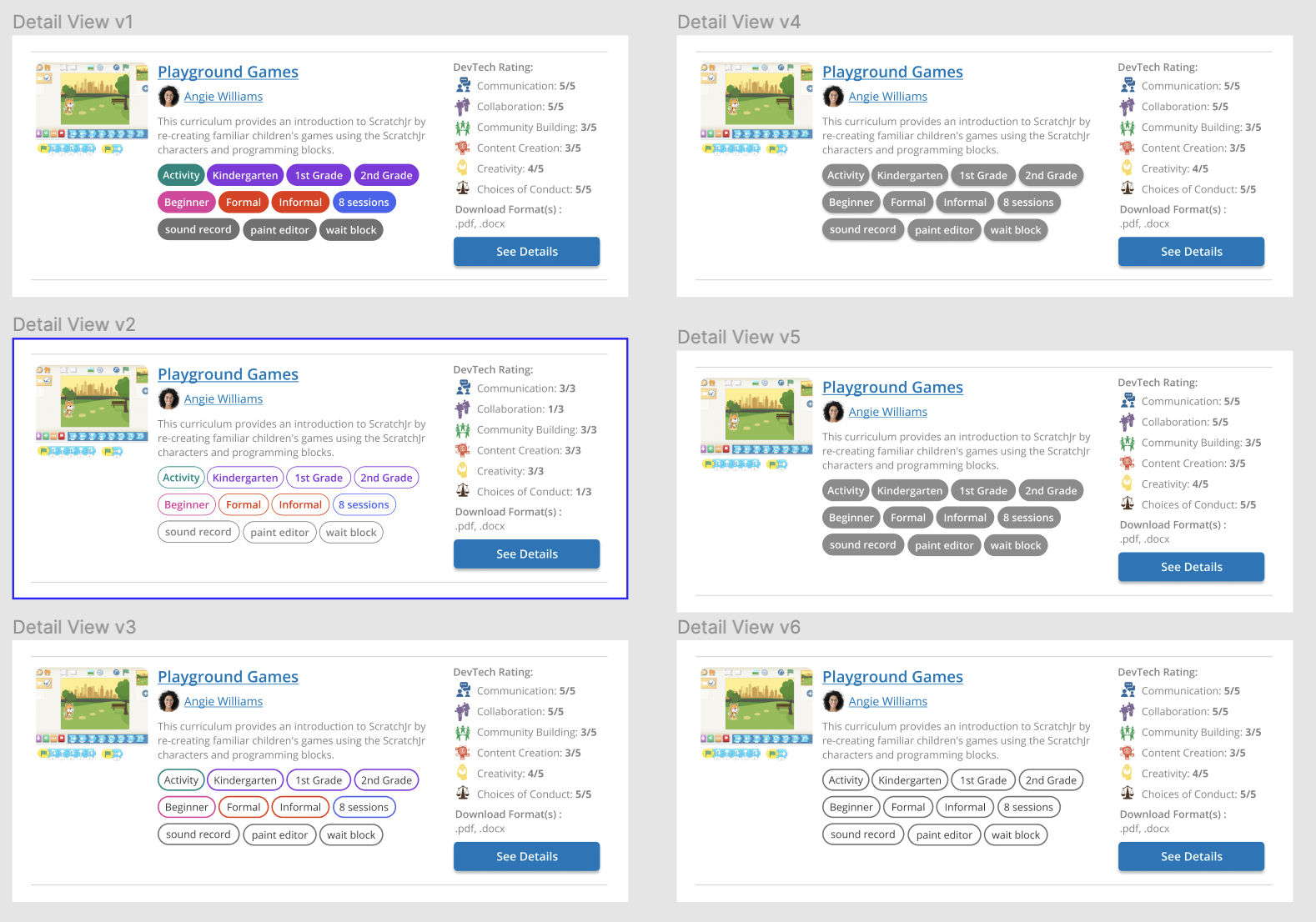 Six versions of the Post Preview component, with the pill-shaped 'tags' represented in different color schemes