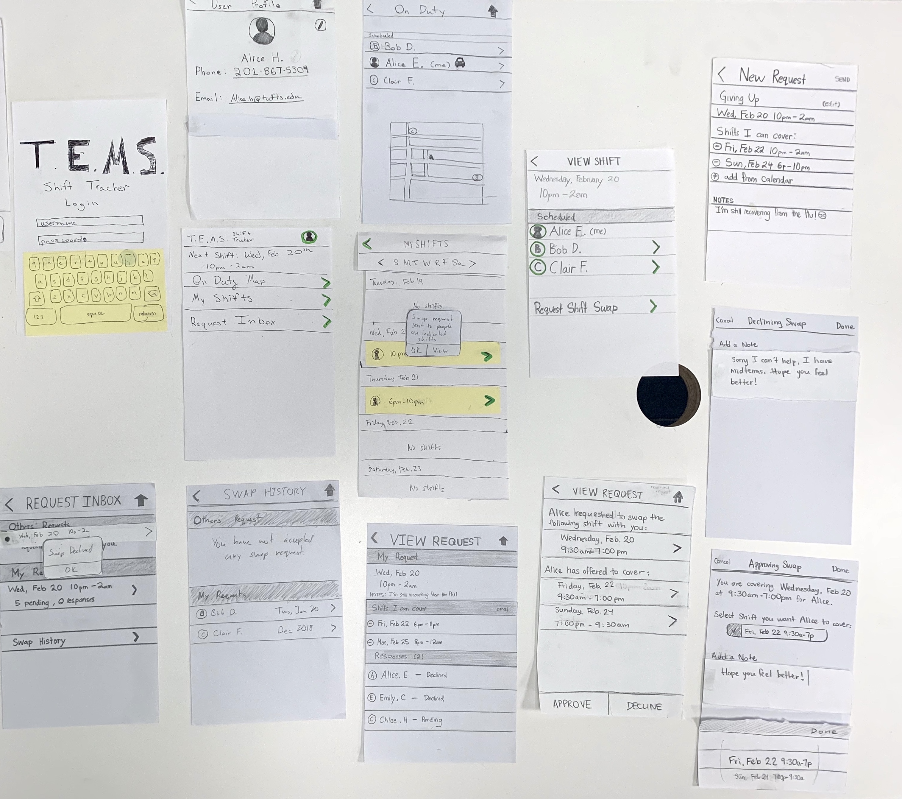 12 smartphone-sized paper screens with detachable components, laid out on a desk