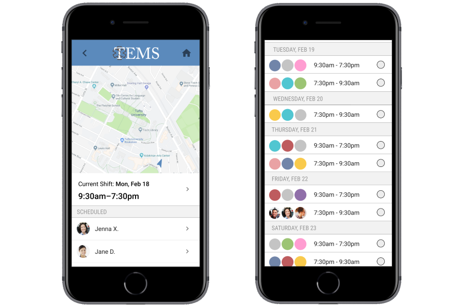 Two iPhones displaying Shift Selection and On-Duty Map screens from the final prototype