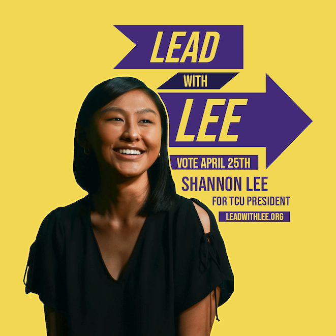Shannon Lee campaign poster, with an Asian woman smiling against a yellow and purple graphic