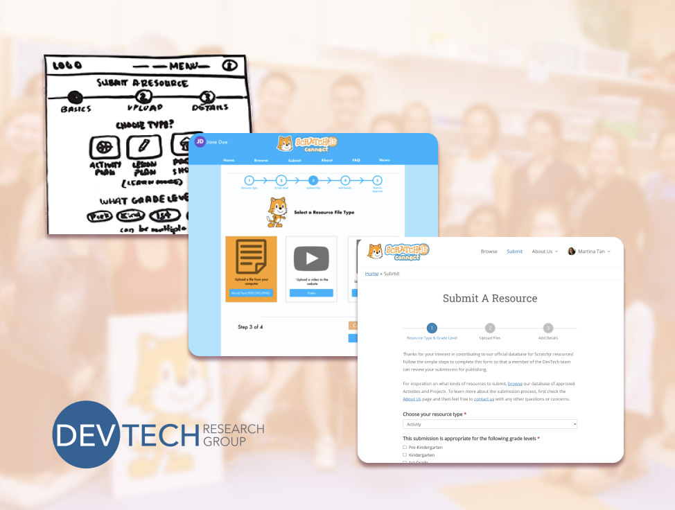 Preview of ScratchJr Connect interface at different stages, against a blurred group picture, with DevTech logo in the corner